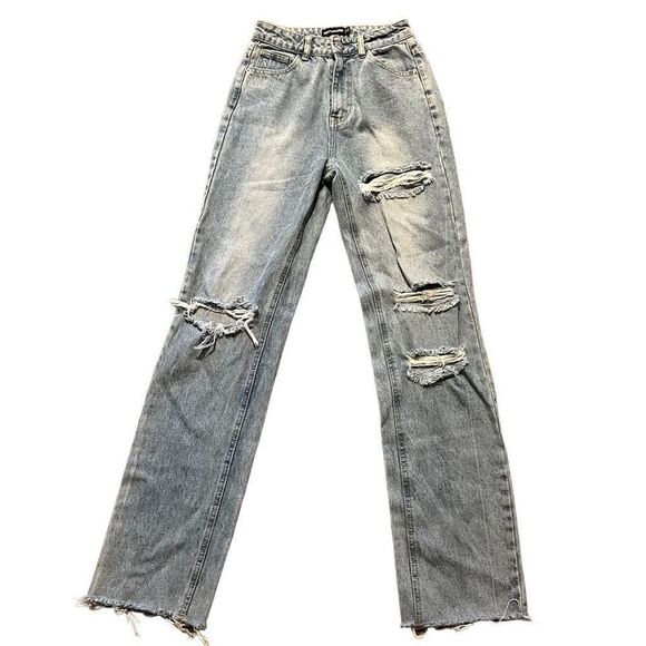 Pretty little thing blue distressed straight leg jeans size 2 - Picture 1 of 4